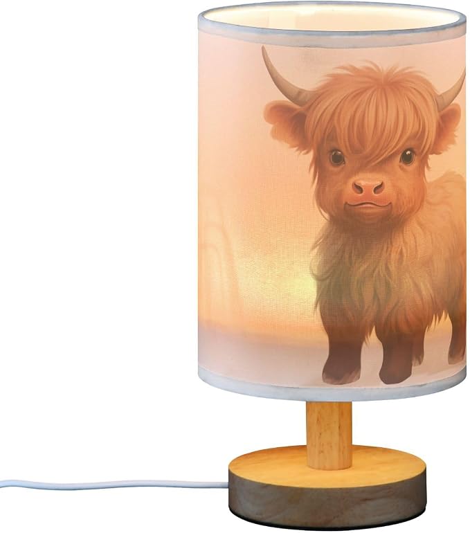 Bedside Table Lamp Cute Highland Cow Animal Nightstand Lamp with Wood Desk Lamps for Bedroom Living Room Nursery Office Home Decor