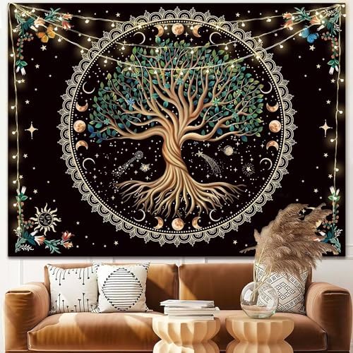 Moon Phase Tree of Life Tapestry Nature Flower Plant Butterfly Tapestries Boho Mandala Spiritual Tapestry Aesthetic Wall Hanging for Home Decor Bedroom Living Room Dorm Decor (35.44" x 47.25", Blue)
