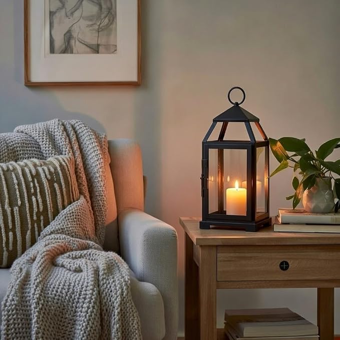 Hosley 14 Inch High Large Clear Glass Iron Classic Style Lantern Elegant Candle Holder for Home Decor Vintage-Inspired Centerpiece with Stylish Iron Frame Indoor/Outdoor Lighting Accent Timeless