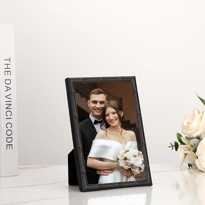 YiPinYin Black 4x6'' Bamboo Detail Design Metal Picture Frame 2pack,Class 6x4'' Metal Photo Frames With Real Glass and Soft Touch Velvet & Backing for Desktop and Wall Décor