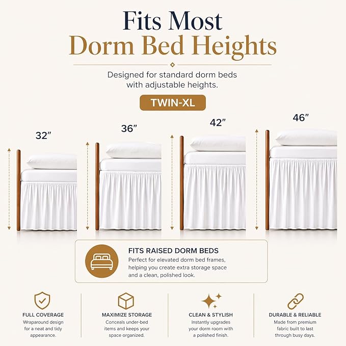 Krishna Dorm Bed Skirt, 100% Microfiber College Bed Skirt Ruffle with Split Corners, Twin XL 42 Inch Drop, White