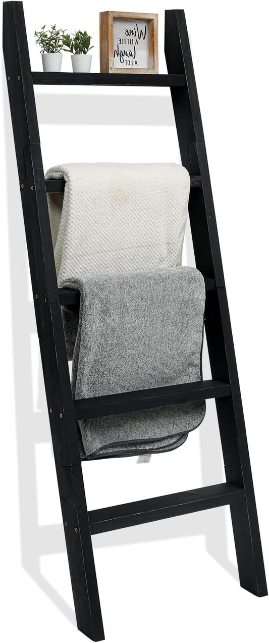 FUIN Blanket Ladder, 5ft Rectangle Rung Rustic Solid Wood Decor Rack, Black | 5 rungs, farmhouse quilt display holder, showcase picture frames or plants, leaning wall, bathroom and living room use