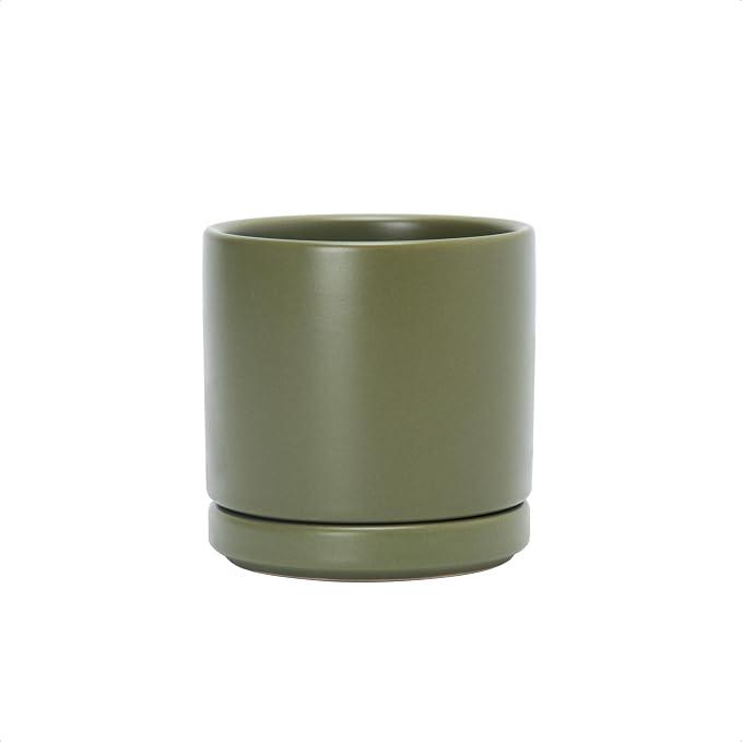 D'vine Dev 3.5 Inch Ceramic Planter Pot, Olive, 94-O-A-J | Modern Cylinder Design, Drainage Hole & Saucer Included, Stable Structure, Elegant Home Accent