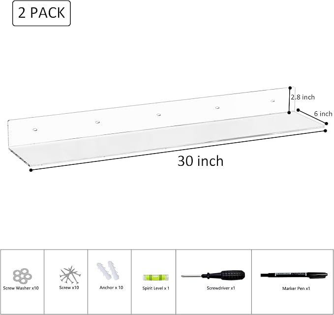 Sezanrpt 30 Inches Acrylic Wall Shelves 2 Pack, Floating Shelf for Wall Mounting, Acrylic Display Ledges for Funko Pop Figures, Home Décor, Living Room, Gaming Room, Plants(30 inch, Clear)