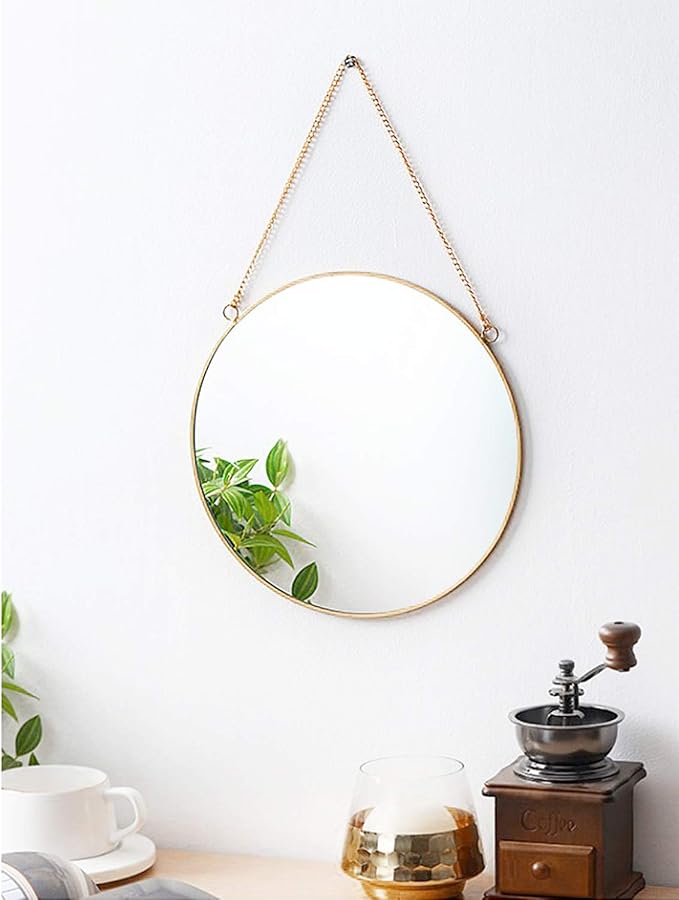 Dahey 11.8" Small Circle Round Office Wall Hanging Mirror with Chain, Gold | Anti-Scratch Velvet Back, Easy to Hang, Metal Frame, Nordic Minimalist Boho Wall Decor, for Bathroom Bedroom Living Room Dorm