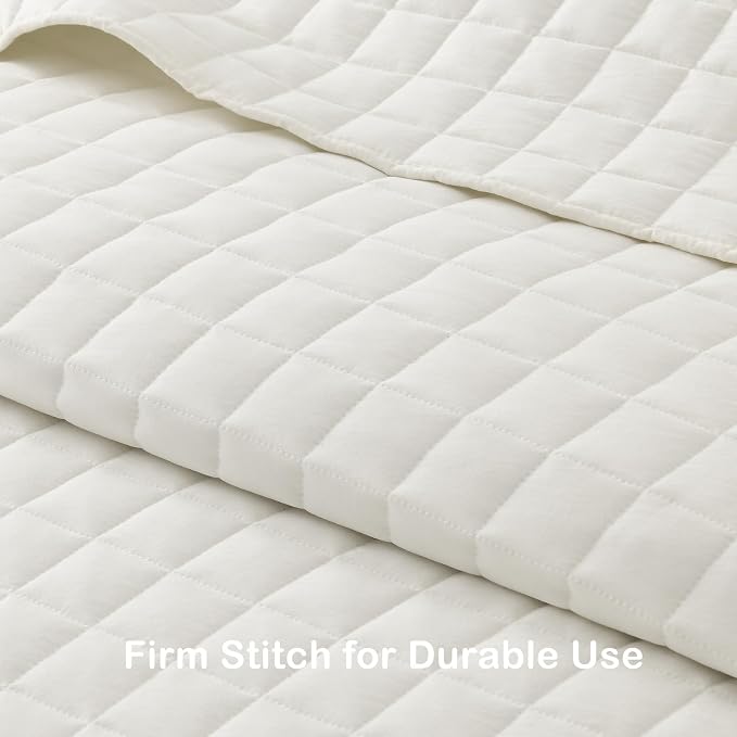 HORIMOTE HOME Ivory Ruffled Quilt Set Twin Size, Classic Geometric Square Stitched Pattern, Pre-Washed Farmhouse Shabby Chic Microfiber Lightweight Bedding Set Bedspread Coverlet for All Season