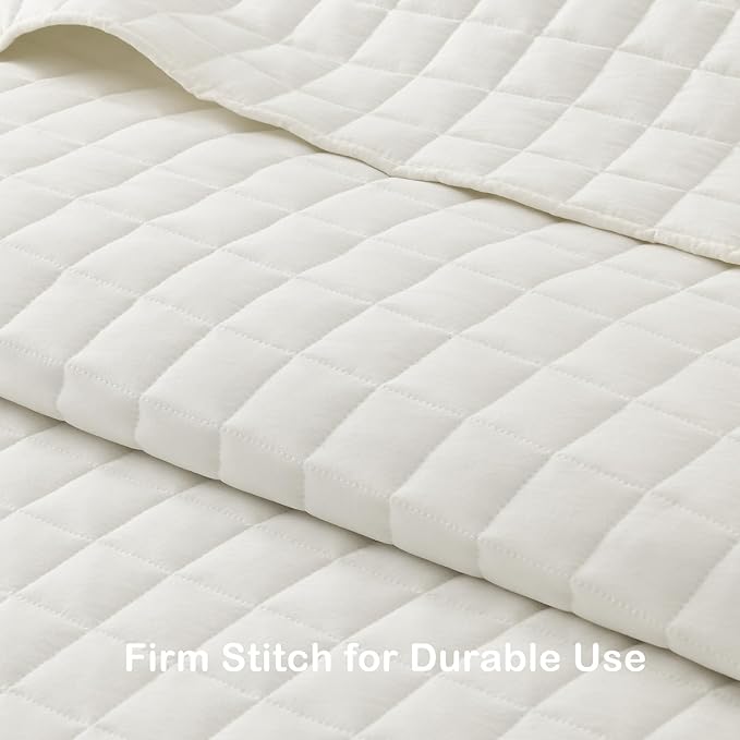 HORIMOTE HOME Ivory Ruffled Quilt Set King Size, Classic Geometric Square Stitched Pattern, Pre-Washed Farmhouse Shabby Chic Microfiber Lightweight Bedding Set Bedspread Coverlet for All Season