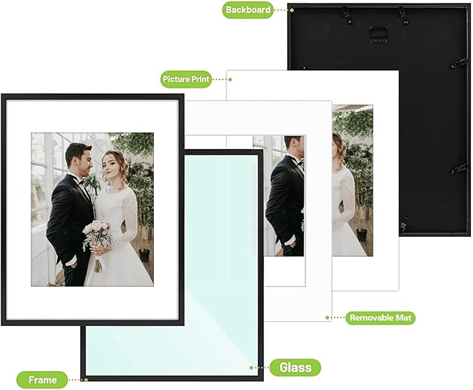 Golden State Art 7 Pack Aluminum Frames, Includes 5x7 8x10 11x12, Black | Shatter-resistant Glass, Assorted Sizes: One 11x14, Two 8x10, Four 5x7, Horizontal/Vertical Wall Mount & Tabletop Display