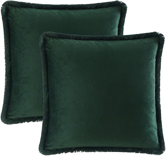 JUSPURBET Military Green Decorative Velvet Fringe Throw Pillow Covers 16x16 Set of 2 Boho Soft Cushion Case for Home Decor Living Room Couch Sofa Bed