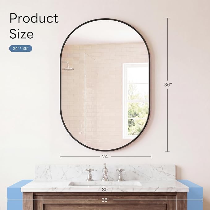 Sweetcrispy Oval Bathroom Wall Mirror, Vanity Mirror, 24x36 Inch | Metal Frame Tempered Glass, Over Sink Living Room, Bedroom Entryway Hang, Horizontal or Vertical, Black