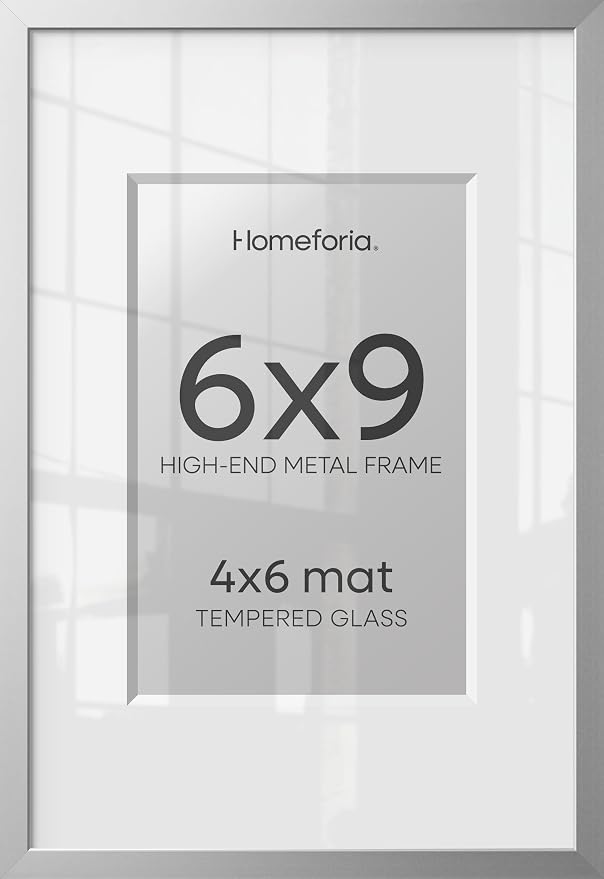 Homeforia 6x9 Silver Picture Frame, High-End Metal, 4x6 Mat, Glass