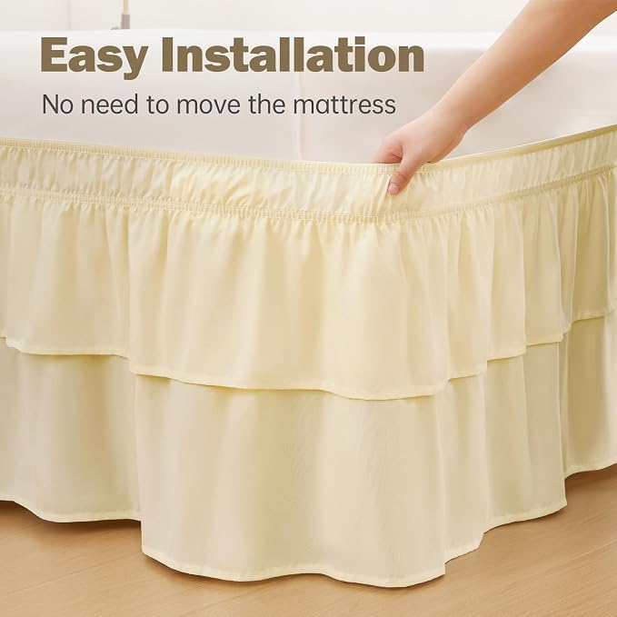 Cream Yellow Queen Bed Skirt 18 Inch Drop, Double Layer Dust Ruffle | Hides Storage, Double Layer Ruffle, Elastic Stays Put, Soft Fabric, Machine Washable, Elegant Look