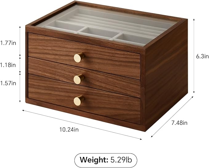 Black Walnut Jewelry Organizer, 3 Layer | Wooden Jewelry Box, For Women, For Necklaces Ring Earring