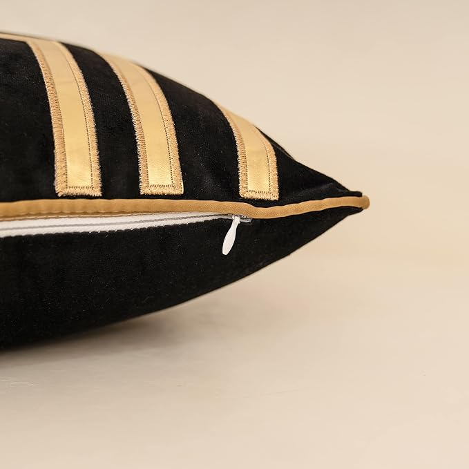 Alerfa Geometric Gold Leather Striped Throw Pillow Cover 12x20 Inch, Luxury Velvet Embroidered Decorative Lumbar Pillow Cover for Couch Living Room Bedroom, Black