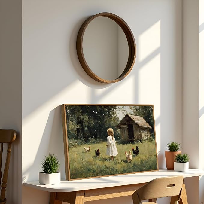 Misubvy Vintage Farmhouse Girl Canvas Wall Art,12x16in | Floating Framed- Chicken Poster Prints.Rural Cottagecore Picture,Country Painting for Bedroom Living Room Wall Decor