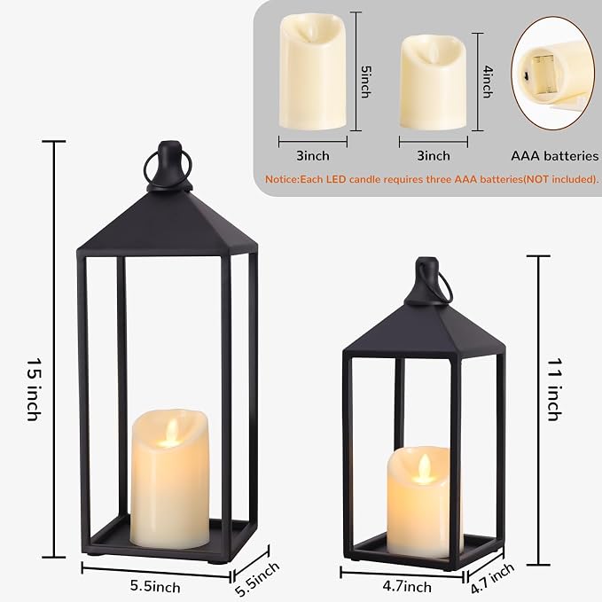 2 Pcs Black Decorative Metal Lanterns Farmhouse Lantern Decor with Candles | 15" 11" Outdoor Candle Lanterns for Covered Patio, Porch, Fireplace Mantel, Table Centerpiece, No Glass Lantern Decor