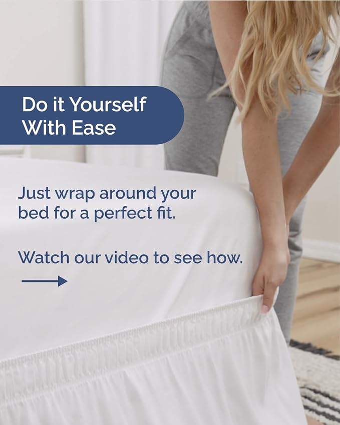 Wrap Around Dust Ruffle Bed Skirt, Queen Size Beds - 14 Inch Drop, White | Easy Fit Elastic Strap, Adjustable Pleated Bedskirt w/Brushed Fabric, Wrinkle & Fade Free, for Women, Men, Kids & Teens