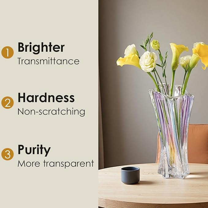 Crystal Glass Vase – Heavy Crystal Vase for Flowers with Weighted Bottom, Thick Durable Decorative Vases for Modern Home Decor, 9.8″ 3.5lb Clear Centerpiece (Rainbow-Colored)