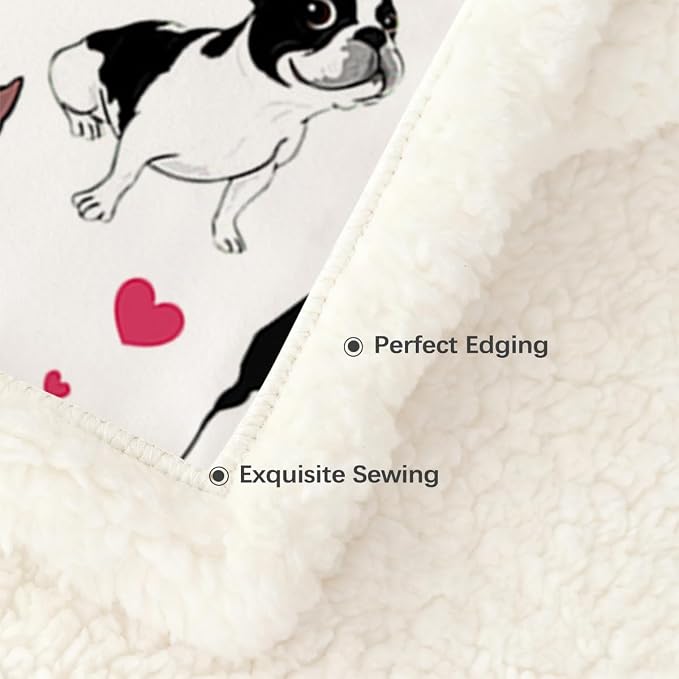 BlessLiving Boston Terrier Sherpa Blanket Queen Blanket Queen | Sherpa; Soft; BlessLiving Boston Terrier Sherpa Blanket Queen; Size; 90x90; Inches; 3D; Red; Hearts; Puppy; Dog; Print