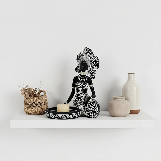 Lescafita African Lady Figurine Candle Holder with African Tribal Totem for Wedding,Church,Holiday Decor-African Decorative Women Statues, Candlestick Holder for Home and Table Decor(754-Black)