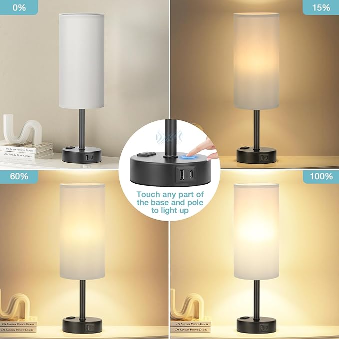 Fenmzee Grey Bedside Lamp for Bedroom, Dimmable Touch, USB A+C, AC Outlet