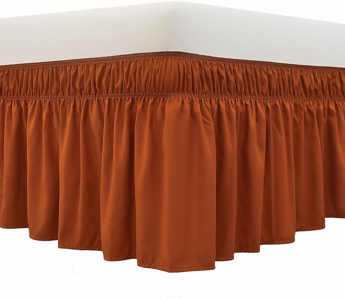 MEILA Wrap Around Elastic Bed Skirt for Twin & Full Beds, 24" Drop, Caramel | Three-Side Adjustable Elastic Dust Ruffle, Ruffled Polyester Fabric, Easy to Install, Fade Resistant & Machine Washable