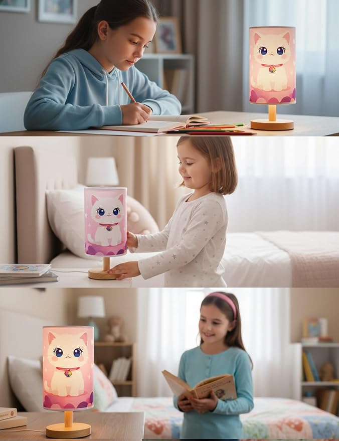 Cat Lamp, Lamps for Girls Bedroom, 3 Colors Nightstand Light Lamp, Round Wood Base Flaxen Fabric Desk Lamp for Kids Room, Cat Table Lampp Gift for Girls (LED Bulb Included) (Kitten)