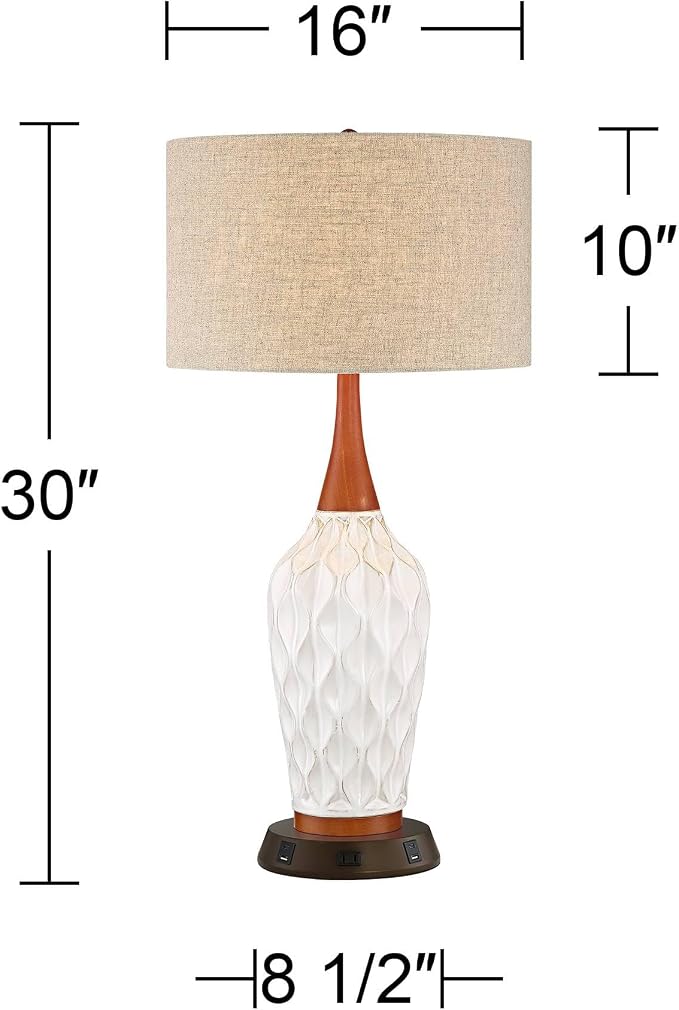 Rocco 30" Large Table Lamp White Ceramic USB Workstation Base Oak Wood