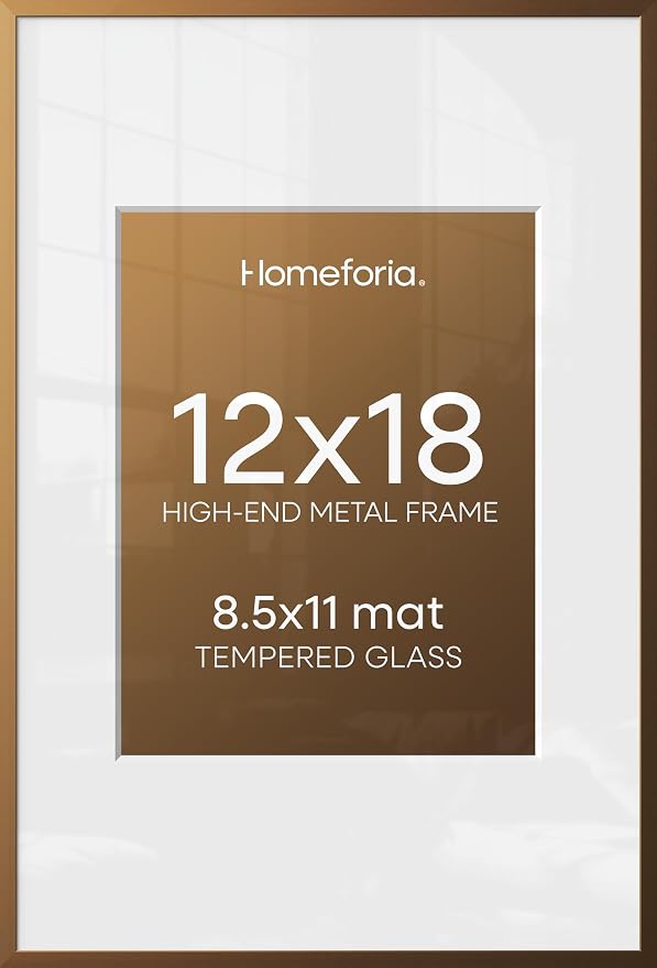 Homeforia 12x18 Bronze Picture Frame, High-End Metal, 8.5x11 Mat, Glass