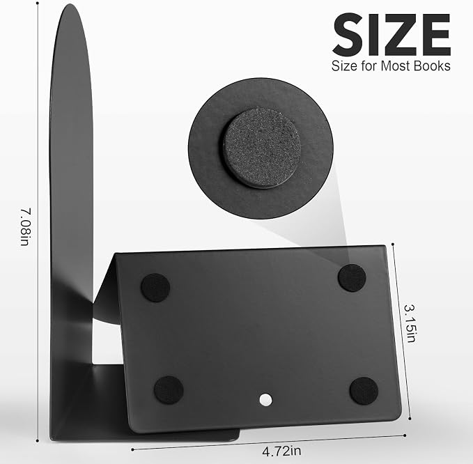 8 Pcs Metal Bookends - Book Ends for Shelves, Black