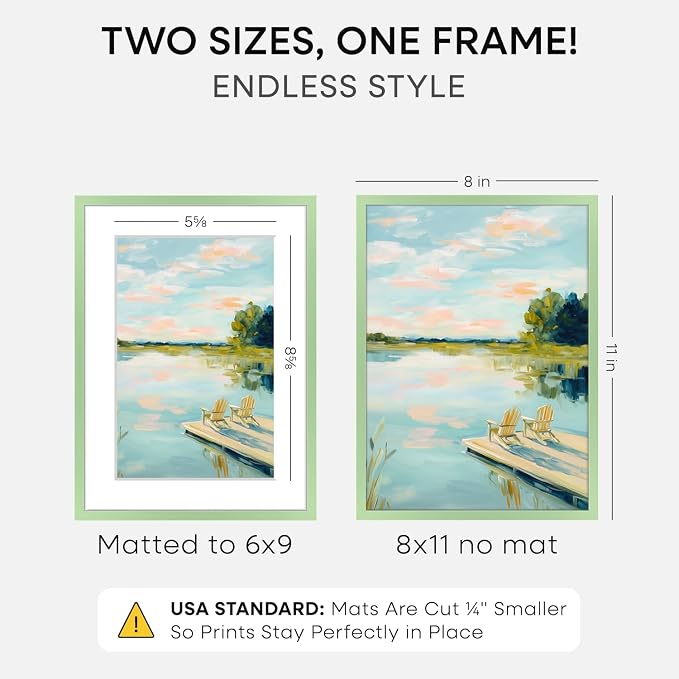 Homeforia 8x11 Green Picture Frame, High-End Metal, 6x9 Mat, Glass