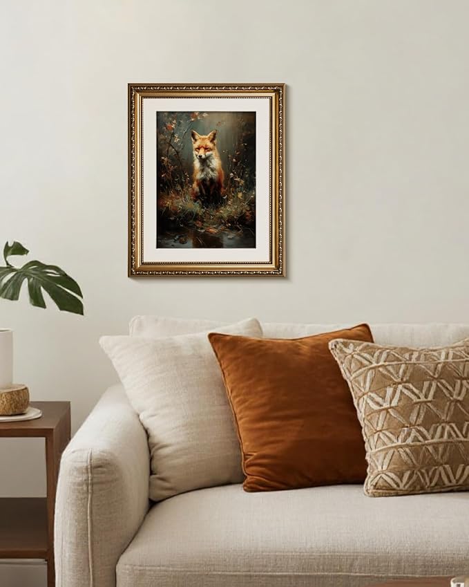 WHASAYART Vintage Gold Framed Wildlife Waterside Fox Canvas Wall Art | Elegant Animal Autumn Forest Tones Painting, Classic Nature Living Room Bedroom Wall Decor, 13x16" Waterproof Canvas Painting