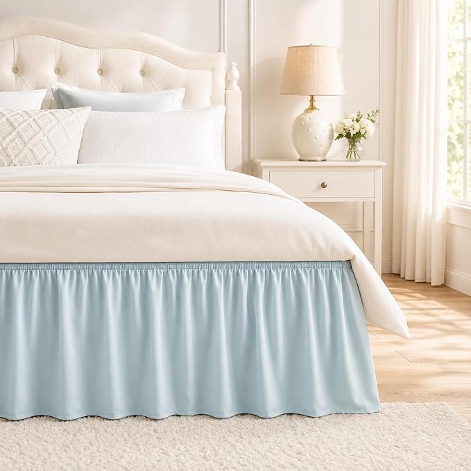 Blue Bed Skirt King Size 18 Inch Drop, Elastic Wrap Around Bedskirt | Solid Ruffled, Easy to Use, No Mattress Lifting, Wrinkle & Fade Resistant, with Adhesive Strips, Machine Wash/Dry/Iron