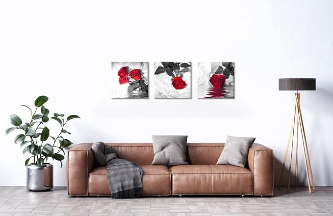 NAN Wind Canvas Print 3 Pcs Black and White Red Rose Canvas Art Painting Abstract Wall Art Decorations Flower Picture on Canvas for Home Decor Stretched and Framed (20X20inchX3pcs, Red Rose)