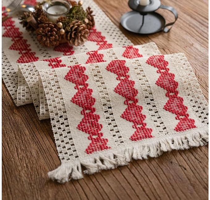 Macrame Table Runner Beige and Red Heart Boho Runners with Tassels 12x71in | Alynsehom Hand Woven Cotton Table Runner Rustic Farmhouse Table Runners for Valentine's Day Bohemian Kitchen Dining Table