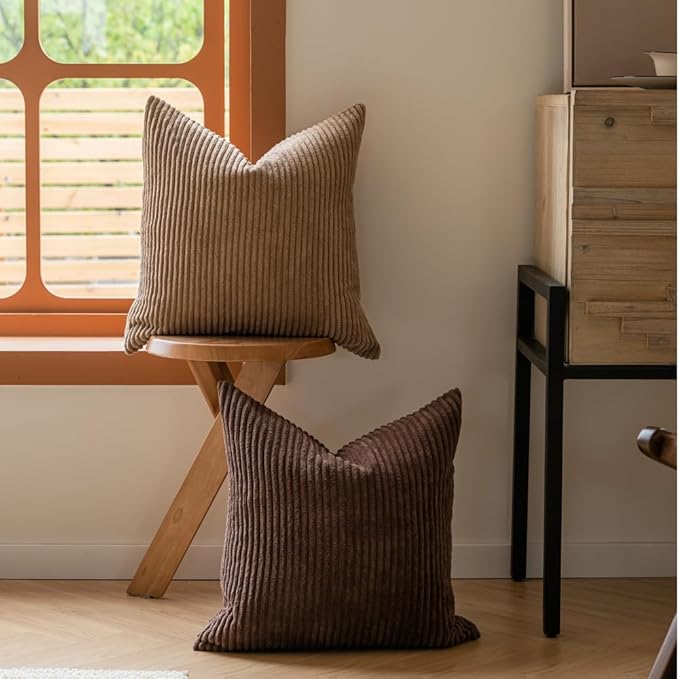LANANAS Neutral Couch Throw Pillow Covers 18x18 Inch Set of 4 Decorative Farmhouse Boho Throw Pillows for Living Room, Couch, Bed, Sofa Soft Corduroy Accent Home Decor (Neutral Brown, 18x18 Inch) | Set of 4 Neutral Couch Farmhouse Boho Throw Pillows fo...