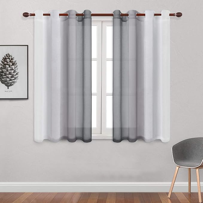 DWCN Grey Ombre Short Sheer Curtains - Faux Linen Semi Voile Gradient Light-Filtering Bedroom and Living Room Curtains, Set of 2 Grommet Top Window Drape Panels, 52 x 45 Inch Length
