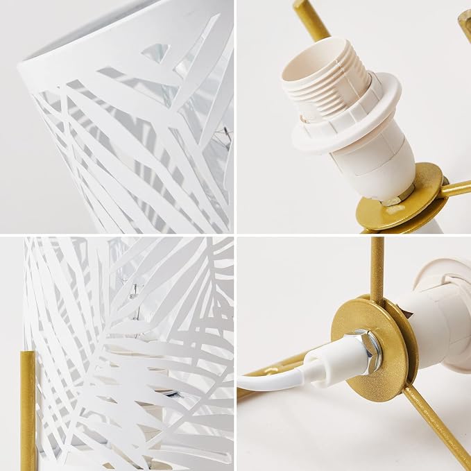Decorative Table Lamp, Golden Tripod Stand with White Metal Hollowed Lampshade, Night Light for Bedside, E12 40W, No Bulb