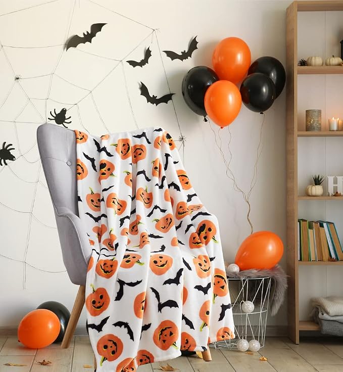 Serafina Home Halloween Fleece Throw Blanket: Happy Jack O'Lantern Pumpkins and Black Bat Design on Soft Velvety Blanket for Sofa Bed Couch Chair Dorm, 50" x 60"