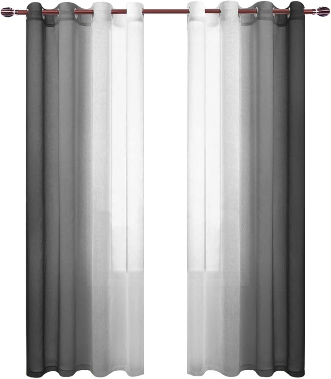 DWCN Black Ombre Faux Linen Sheer Curtains - Gradient Semi Voile Grommet Top Bedroom and Living Room Curtains, 52 x 96 Inches Long, Set of 2 Window Curtain Panels
