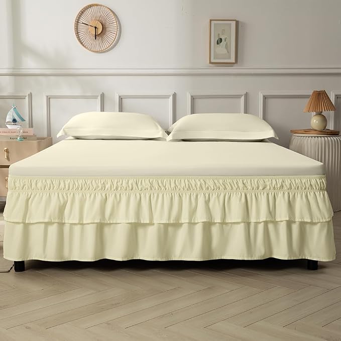 Double-Layered Ruffled Bed Skirt,Beige,Twin/Twin XL, 14" Drop | Wrap Around, Adjustable Elastic, 2 Layer, Machine Washable Soft Fabric, Multi Ruffle Bedskirt