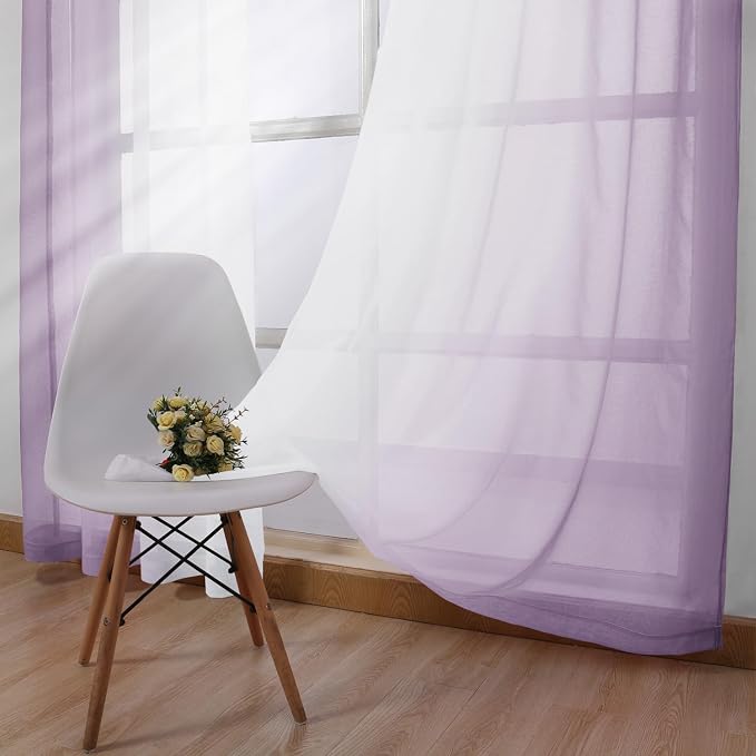 DWCN Lavender Faux Linen Ombre Sheer Curtains - 84 inches Long Gradient Semi Voile Curtains for Bedroom and Living Room, Set of 2 Grommet Top Window Curtain Panels, 52 x 84 Inches Long, Lavender