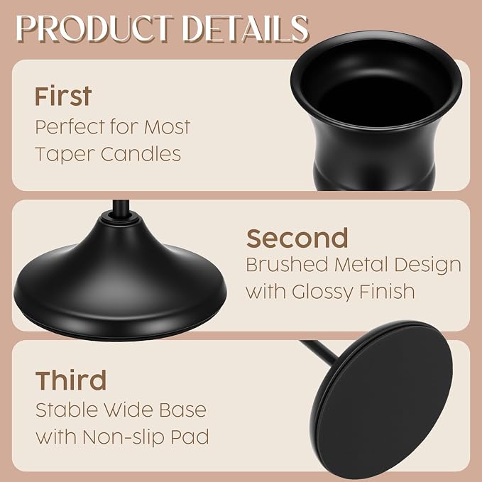 24PCS Brass Black Taper Candle Holders Set, Vintage Candlestick Holders | Tall Table Centerpiece, Pillar & LED Candles, Wedding Reception, Festive Christmas Mantel Decoration, Plus Candle Snuffer