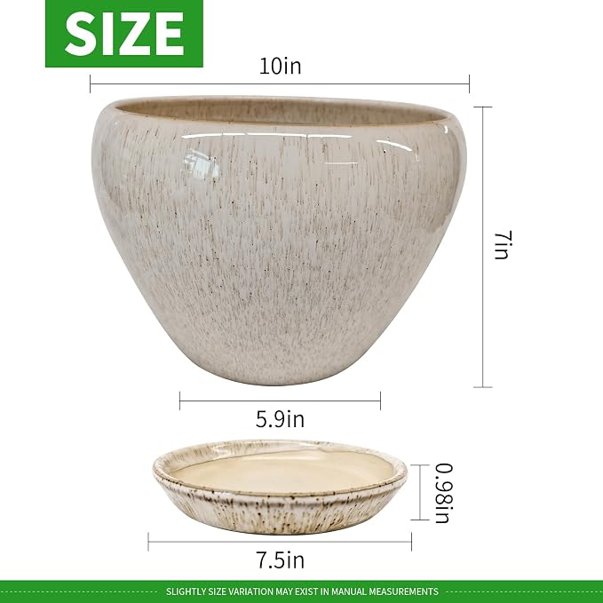 Deep Dream 10 Inch Plant Pot- Ceramic Planter Pot Round Plant Pots for Indoor Plants Outdoor Large Flower Pot with Drainage Holes & Trays, Beige
