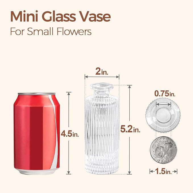 ComSaf Glass Small Bud Vases in Bulk 6 Pcs 5.2 Inch, Clear Flower Vases | Vintage Ribbed Style, Mini Bouquet Display, Wedding Centerpiece, Home Decor, Housewarming Gift, Valentine's Day, Mother's Day