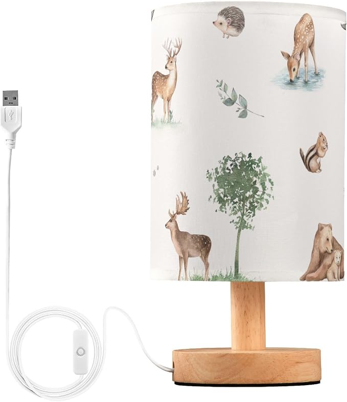 Bedside Table Lamp Woodland Animals Nightstand Lamp with Wood Forest Deer Bear Chipmunk Hedgehog Desk Lamps for Bedroom Living Room Nursery Office Home Decor