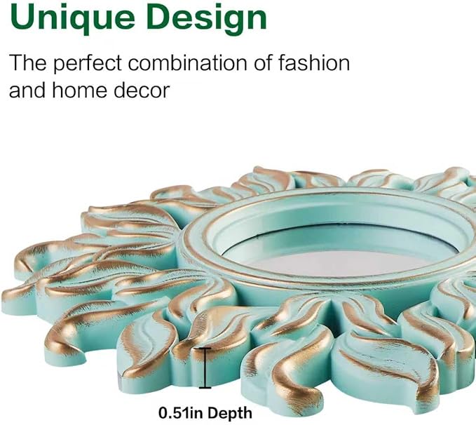 Decorative Wall Mirror, Round Green Mirror, 10 x 10in | Compact plastic-frame circle mirror for bedrooms, entryways, living rooms and modern wall decor.