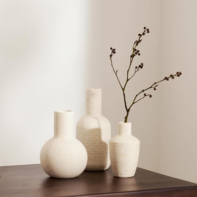DN DECONATION Flower Vase Set of 3, Small Boho Vases for Table Home Decor | Rustic Farmhouse, Ceramic Vase for Pampas Grass, Dried Fresh Flowers, Modern Decorative Vases for Living Room, Bedroom, Shelf