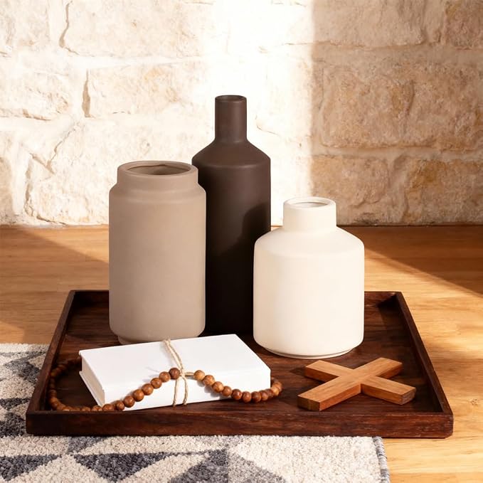 Neutral Ceramic Vase Set of 3 – Modern Decorative Vases, Small Flower Pottery Vase Sets, Boho Farmhouse Rustic Vases for Living Room, Kitchen, Bedroom, Bathroom, Shelf, Table