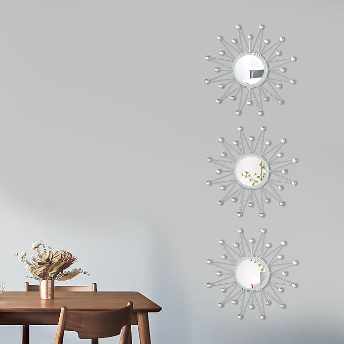 Uaussi 3 Pack Crystal Sunburst Wall Mirror Décor Rhinestone Mirrors Decorative Home Wall Art for Living Room Bedroom Entryway(Triangle Burst Silver)